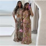 Pink Two Pieces Short Sleeve Tops Hollow Out Long Dress Skirt Sets