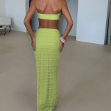 Green Off Shoulder Two Pieces Crop Tops Lace Sexy Ruched Bodycon Maxi Dress Sets