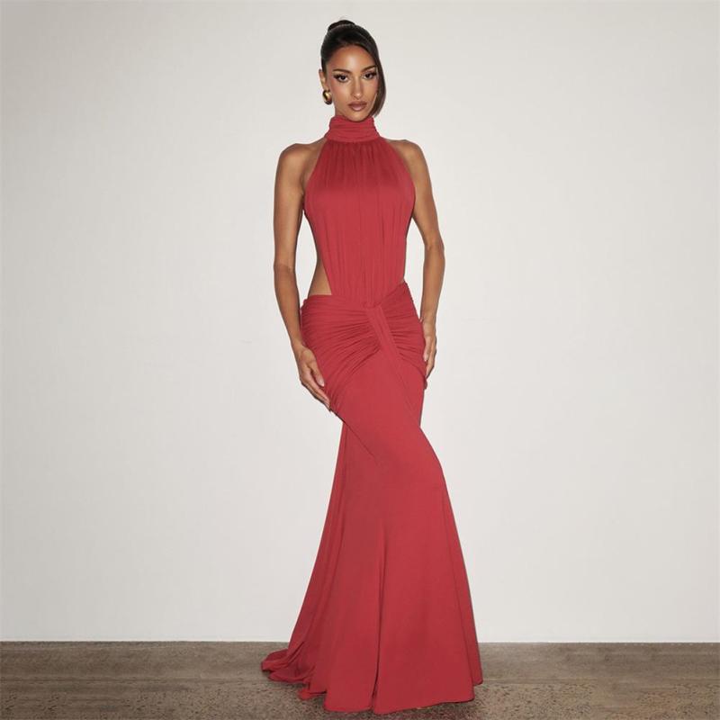 Red Halter O Neck Backless Ruched Bodycon Evening Formal Long Dress