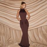 Brown Halter O Neck Backless Ruched Bodycon Evening Formal Long Dress