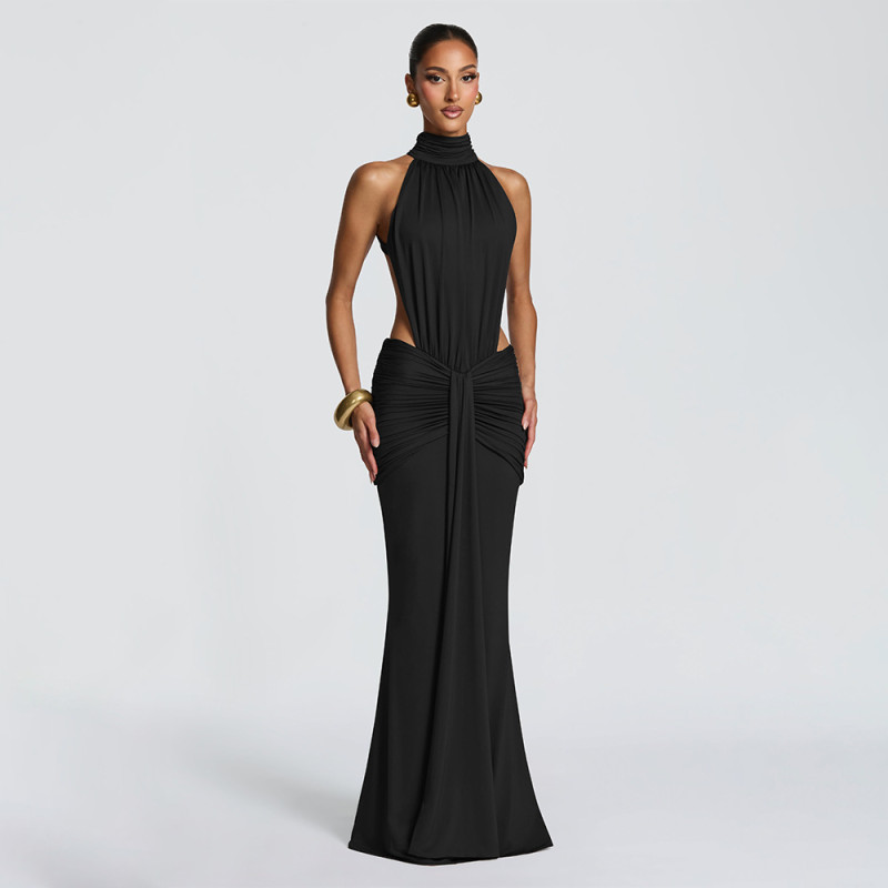 Black Halter O Neck Backless Ruched Bodycon Evening Formal Long Dress
