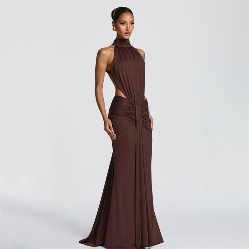 Brown Halter O Neck Backless Ruched Bodycon Evening Formal Long Dress