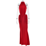 Red Halter O Neck Backless Ruched Bodycon Evening Formal Long Dress