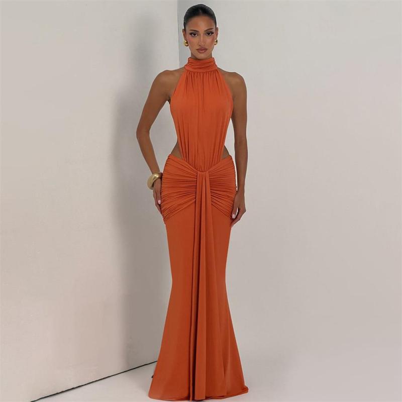 Orange Halter O Neck Backless Ruched Bodycon Evening Formal Long Dress