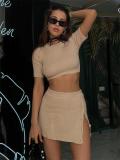 Apricot Two Pieces Knitwear Fashion Crop Tops with Split Button Mini Skirt Sets