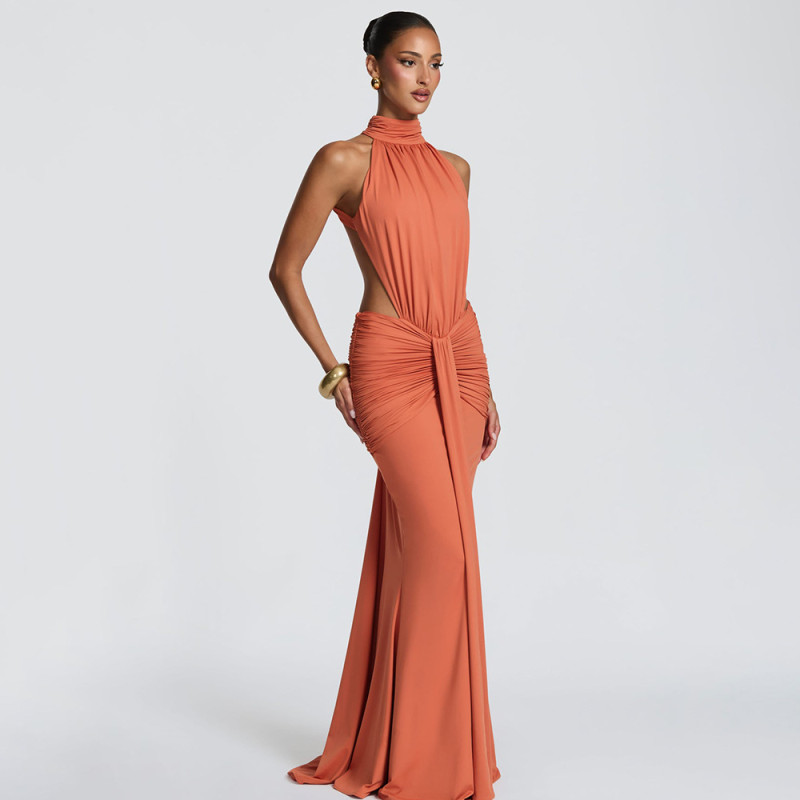 Orange Halter O Neck Backless Ruched Bodycon Evening Formal Long Dress