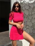 Red Two Pieces Knitwear Fashion Crop Tops with Split Button Mini Skirt Sets