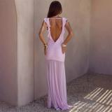 Pink Sleeveless Deep V Neck Ruffles Sexy Mesh Sheer Party Vacation Ruched Long Dress