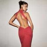 Red Halter O Neck Backless Ruched Bodycon Evening Formal Long Dress