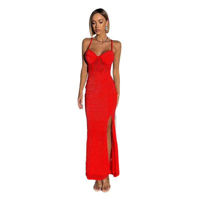 Red Straps V Neck Sequins High Split Evening Party Birthday Long Dress