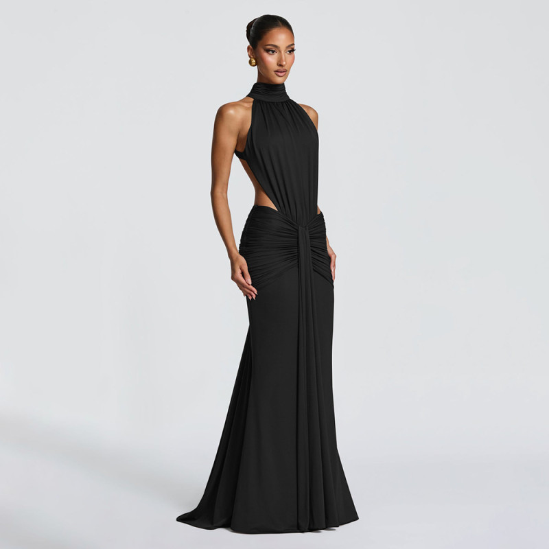 Black Halter O Neck Backless Ruched Bodycon Evening Formal Long Dress