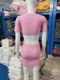 Pink Two Pieces Knitwear Fashion Crop Tops with Split Button Mini Skirt Sets