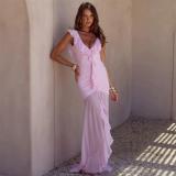 Pink Sleeveless Deep V Neck Ruffles Sexy Mesh Sheer Party Vacation Ruched Long Dress
