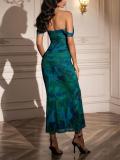 Green Print Off Shoulder Ruched Fishbone Mesh Bodycon Sexy Evening Prom Dress