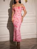 Pink Floral Print Off Shoulder Ruched Fishbone Mesh Bodycon Sexy Evening Prom Dress