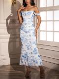 Blue Print Off Shoulder Ruched Fishbone Mesh Bodycon Sexy Evening Prom Dress