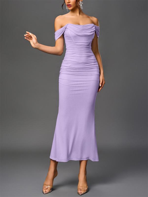 Purple Off Shoulder Ruched Fishbone Mesh Bodycon Sexy Evening Prom Dress