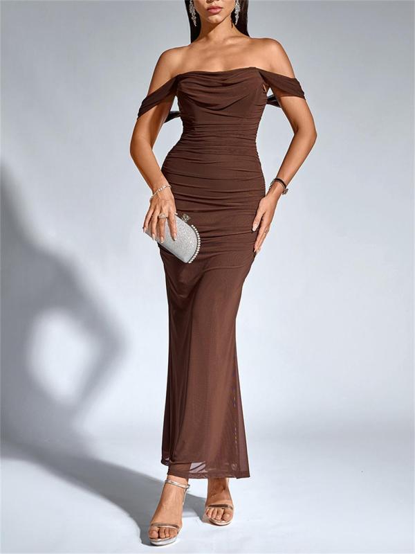 Brown Off Shoulder Ruched Fishbone Mesh Bodycon Sexy Evening Prom Dress