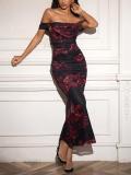 Red Print Off Shoulder Ruched Fishbone Mesh Bodycon Sexy Evening Prom Dress