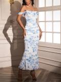 Blue Print Off Shoulder Ruched Fishbone Mesh Bodycon Sexy Evening Prom Dress