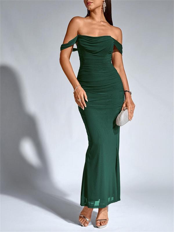 Green Off Shoulder Ruched Fishbone Mesh Bodycon Sexy Evening Prom Dress
