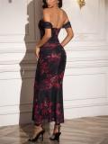 Red Print Off Shoulder Ruched Fishbone Mesh Bodycon Sexy Evening Prom Dress