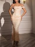 Apricot Print Off Shoulder Ruched Fishbone Mesh Bodycon Sexy Evening Prom Dress