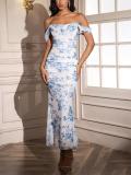 Blue Print Off Shoulder Ruched Fishbone Mesh Bodycon Sexy Evening Prom Dress