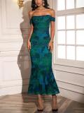 Green Print Off Shoulder Ruched Fishbone Mesh Bodycon Sexy Evening Prom Dress