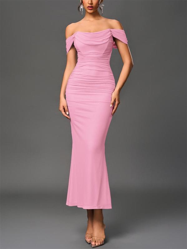 Pink Off Shoulder Ruched Fishbone Mesh Bodycon Sexy Evening Prom Dress