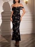Black Gold Print Off Shoulder Ruched Fishbone Mesh Bodycon Sexy Evening Prom Dress