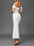 White Off Shoulder Ruched Fishbone Mesh Bodycon Sexy Evening Prom Dress