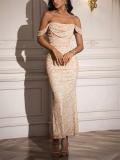 Apricot Print Off Shoulder Ruched Fishbone Mesh Bodycon Sexy Evening Prom Dress