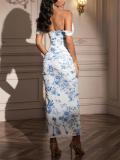 Blue Print Off Shoulder Ruched Fishbone Mesh Bodycon Sexy Evening Prom Dress