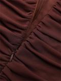 Brown Off Shoulder Ruched Fishbone Mesh Bodycon Sexy Evening Prom Dress