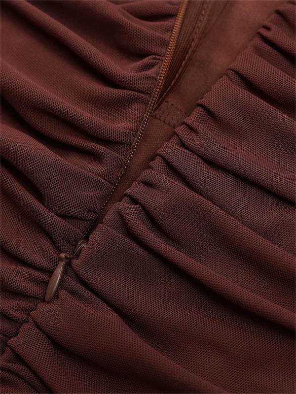 Brown Off Shoulder Ruched Fishbone Mesh Bodycon Sexy Evening Prom Dress