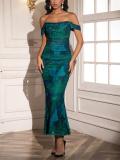Green Print Off Shoulder Ruched Fishbone Mesh Bodycon Sexy Evening Prom Dress
