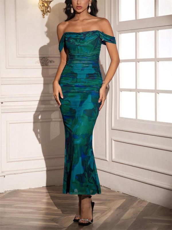 Green Print Off Shoulder Ruched Fishbone Mesh Bodycon Sexy Evening Prom Dress