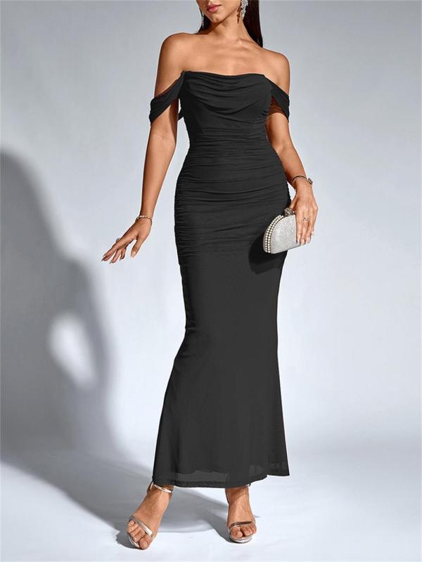 Black Off Shoulder Ruched Fishbone Mesh Bodycon Sexy Evening Prom Dress