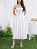 White Straps Hollow Out Printed Floral High Split Casual Midi Dress