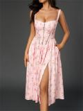 Pink Straps Hollow Out Printed Floral High Split Casual Midi Dress