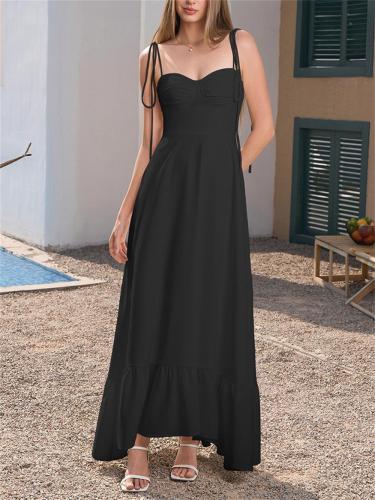 Black Straps Lace Up Folds Casual Vacation Women Maxi Dress
