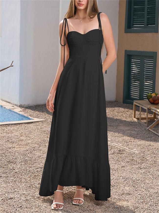 Black Straps Lace Up Folds Casual Vacation Women Maxi Dress