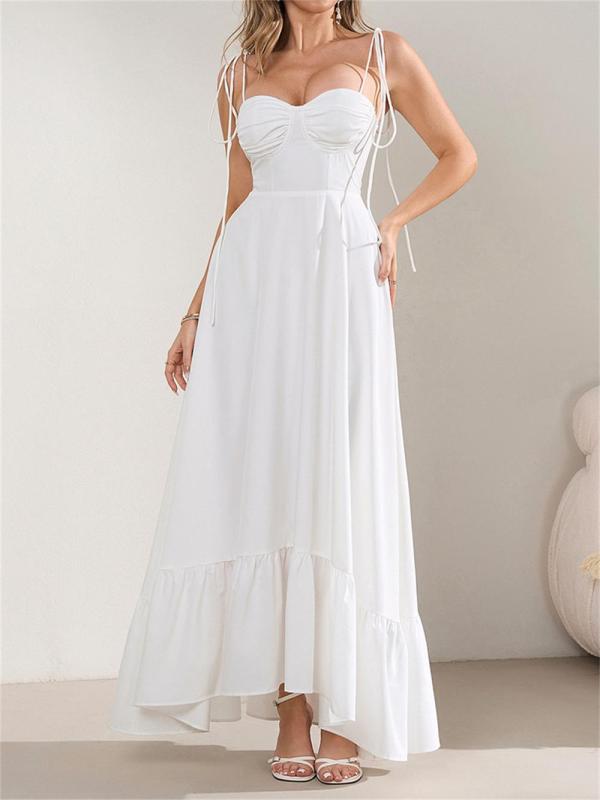 Black Straps Lace Up Folds Casual Vacation Women Maxi Dress 004
