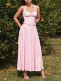 Pink Halter Neck Low Cut Pleated Fashion Women Casual Maxi Dress