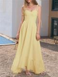 Yellow Straps Lace Up Folds Casual Vacation Women Maxi Dress