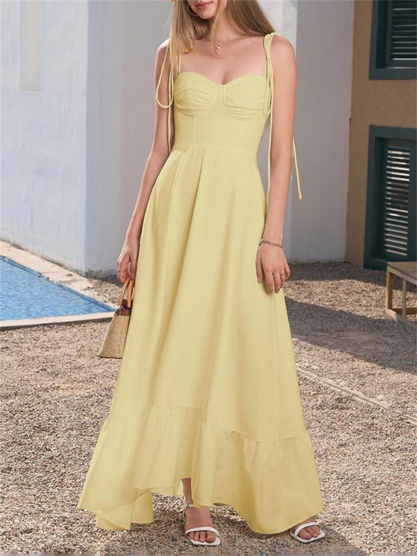 Yellow Straps Lace Up Folds Casual Vacation Women Maxi Dress