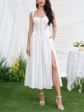 White Straps Hollow Out Printed Floral High Split Casual Midi Dress