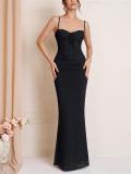 Black Straps Low Cut Fishebone Pleated Evening Prom Dress