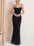 Black Straps Low Cut Fishebone Pleated Evening Prom Dress
